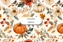 Watercolor Fall Pumpkins &amp; Flowers Seamless Pattern Product Image 1