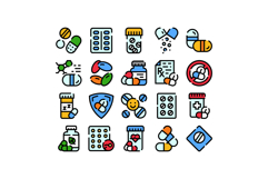 Medicine pills and capsules line icons collection Product Image 1