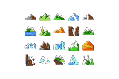 Mountains hills peaks landscape nature icons set Product Image 1