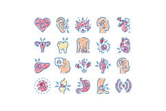Human body various pain and inflammation symptoms icons Product Image 1