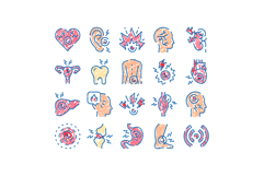 Human body various pain and inflammation symptoms icons Product Image 1