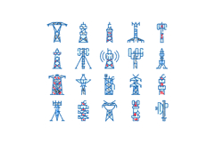Telecommunication and power transmission towers doodle icons Product Image 1