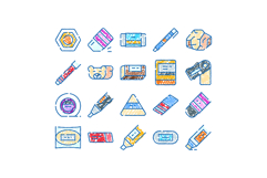 Collection of colorful erasers and school stationery icons Product Image 1