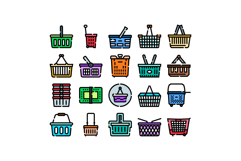 Shopping basket supermarket grocery retail icons set Product Image 1