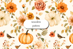 Watercolor Fall Pumpkins &amp; Flowers Seamless Pattern Product Image 1