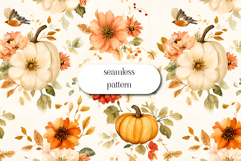Watercolor Fall Pumpkins &amp; Flowers Seamless Pattern Product Image 1