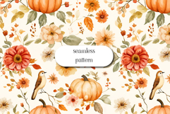 Watercolor Fall Pumpkins &amp; Flowers Seamless Pattern Product Image 1