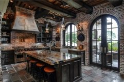 Large rustic kitchen featuring exposed brick walls and wood Product Image 1