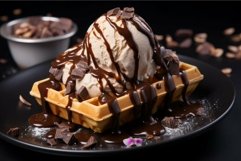 Decadent chocolate drizzled waffle with ice cream Product Image 1
