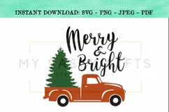 Merry And Bright Christmas Tree In Red Truck SVG Design Product Image 1