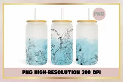 Flower Line Art Watercolor Blue 16 oz can glass Libbey wrap Product Image 1