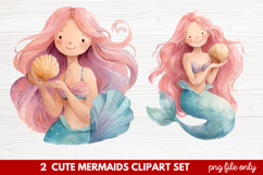 2 Cute Mermaids Clipart Set | Whimsical Mermaid Illustration Product Image 1