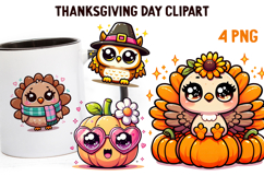 Cute Kawaii Thanksgiving Clipart | Fall Pumpkin Turkey PNG Product Image 1