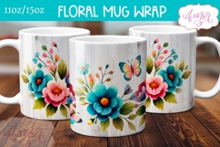 Spring floral mug wrap sublimation PNG, Butterflies mug png Product Image 1