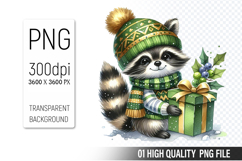 Christmas Raccoon Clipart PNG, Watercolor Christmas Animals Product Image 1