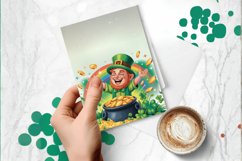 Happy Leprechaun Throwing Gold Coins Greeting Card PNG Subli Product Image 1