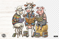 Whimsical Farm Animals Love Reading - Animals Clipart Product Image 1