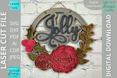 Jolly floral Christmas door hanger Glowforge Laser cut svg Product Image 2