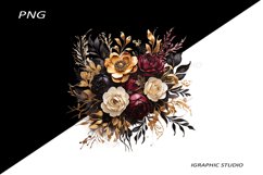 Black and Gold Flowers PNG, Watercolor Floral, Bouquet Product Image 1