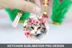 Cat Flowers Keychain Sublimation , Round Keychain PNG Product Image 1
