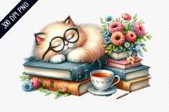 Books And Sleeping Cat Sublimation - Clipart PNG Design Product Image 1
