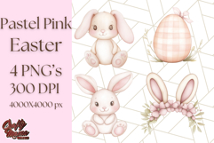 Pastel Pink Easter Bunny Egg and Flowers Clipart PNG Product Image 1