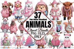 Pink Winter Woodland Animals Clipart Bundle PNG Product Image 1
