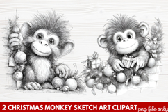 Christmas Monkey Sketch Art Clipart | Hand-Drawn Holiday Product Image 1