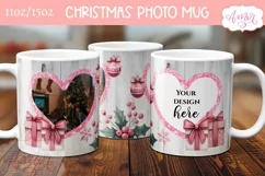 Pink Christmas photo mug wrap PNG Sublimation, festive mug Product Image 1