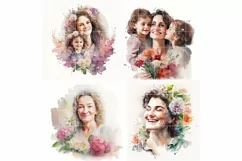 4 Happy Moms with flowers Portrait | Mother's day Watecolor Product Image 3