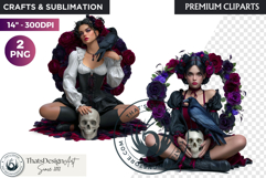 Gothic Girls with raven and roses fantasy PNG Clipart Product Image 1