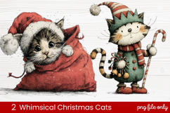 2 Whimsical Christmas Cats Clipart | Cute Holiday Cat PNG Product Image 1