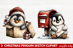 Christmas Penguin Sketch Clipart | Hand-Drawn Holiday Product Image 1