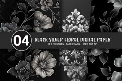 Black Silver Floral Digital Paper Product Image 1