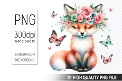 Floral Fox Clipart PNG, Watercolor Animal with Flowers Product Image 1