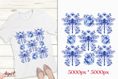 Chinoiserie T-shirt design floral dragonfly, blue roses PNG Product Image 1