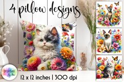 Cats with Flowers Watercolour Pillow Design, Cat Lover Print Product Image 1