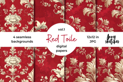 Red Toile de Jouy Digital Paper Kit Rococo Patterns Product Image 1