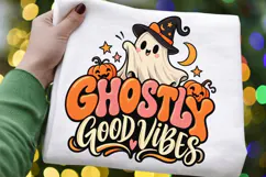 Ghosts Good Vibes PNG,Cute Witch Ghost Halloween Sublimation Product Image 1