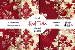 Red Toile de Jouy Digital Paper Kit Rococo Patterns Product Image 1