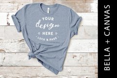 Bella Canvas 3001 Heather Slate T-Shirt Mockup Wood Backdrop Product Image 1