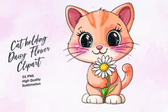 Cat holding daisy flower watercolor clipart Product Image 1