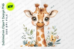Cute Watercolor Giraffe Surrounded By Floral Element Clipart Product Image 1