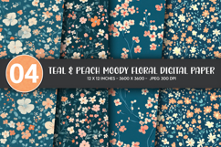 Teal &amp; Peach Moody Floral Digital Paper Product Image 1