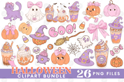 Coquette Girly Halloween Pumpkin Pink Bow Clipart PNG Bundle Product Image 1