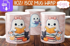 Cute Halloween mug wrap PNG, Book lover mug template Product Image 1