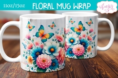 Spring floral mug wrap sublimation PNG, Butterflies mug png Product Image 1
