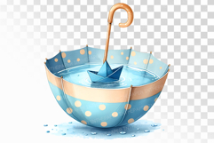Inverted Umbrella with Rainwater and Blue Paper Boat PNG Product Image 1
