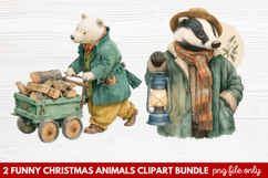 2 Funny Christmas Animals Clipart | Cute Holiday Animal PNG Product Image 1