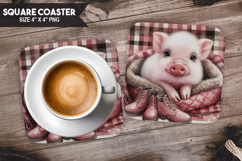 Cute Pig, Farm Animals, Buffalo Plaid Square Coaster PNG Product Image 1